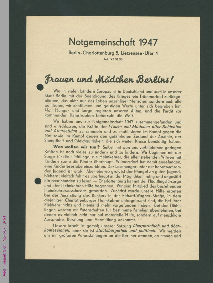 Faltblatt der Notgemeinschaft 1947 / Seite 1