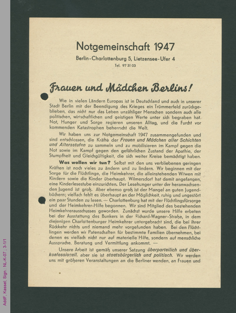 Faltblatt der Notgemeinschaft 1947