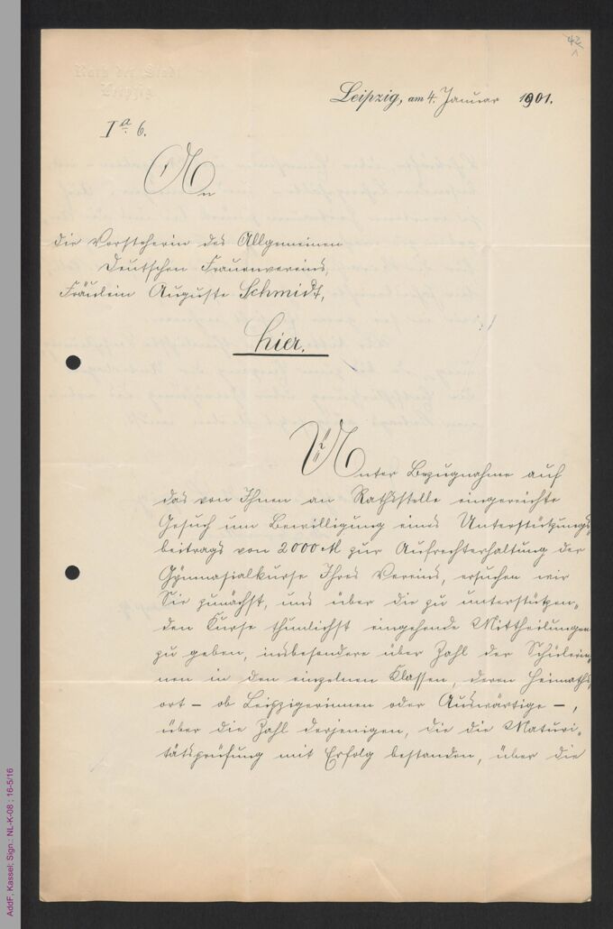 Brief des Raths der Stadt Leipzig an Auguste Schmidt / Seite 1