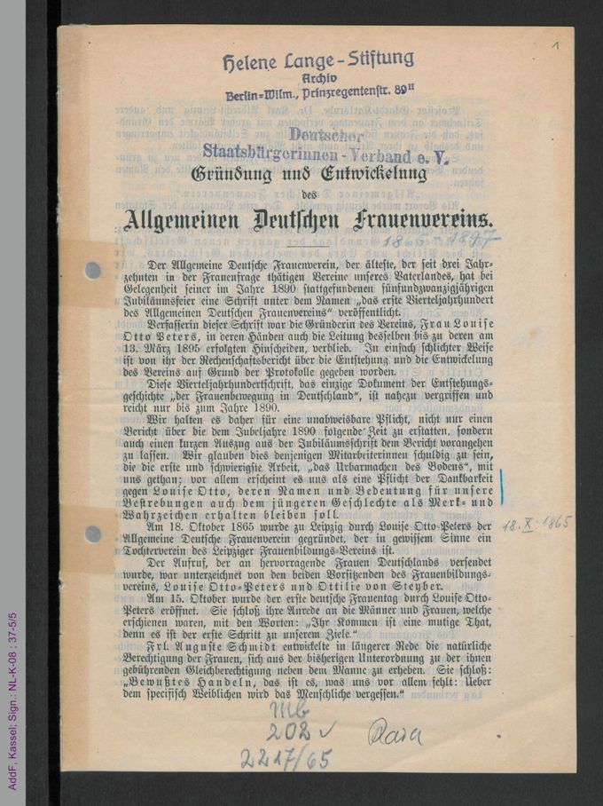Gründung und Entwicklung des Allgemeinen Deutschen Frauenvereins / Seite 1