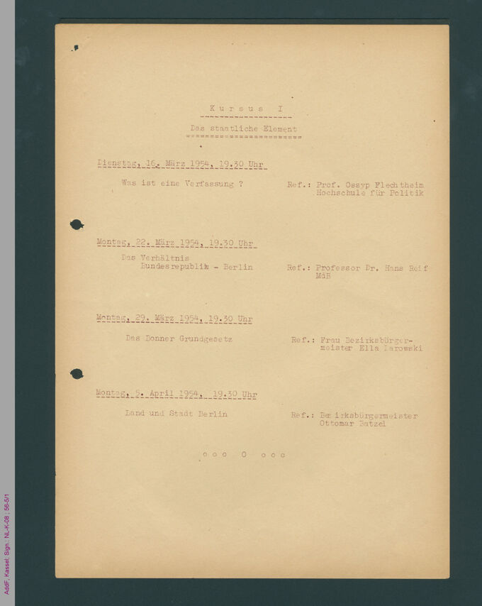 Programm der staatsbürgerlichen Kurse 1954 / Seite 1