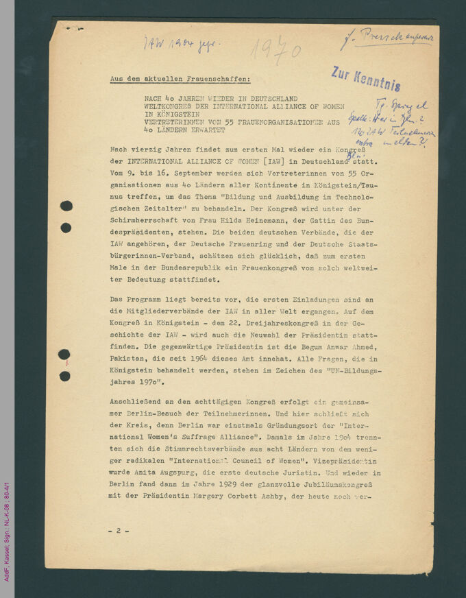 Presseerklärung zum Weltkongress der IAW in Königstein 1970 / Seite 1
