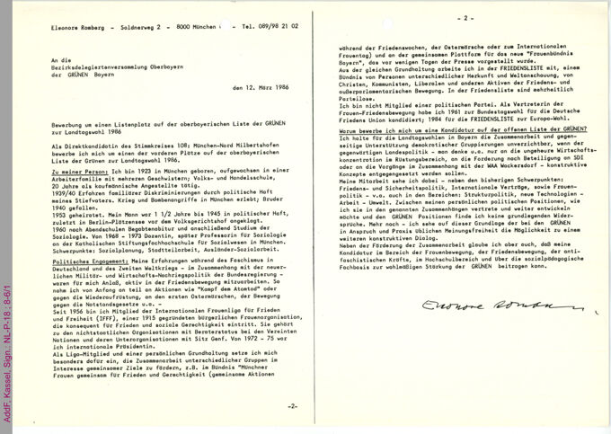 Bewerbung um einen Listenplatz auf der oberbayerischen Liste der GRÜNEN zur Landtagswahl 1986 / Seite 1