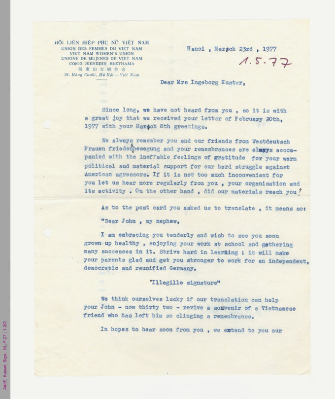 Brief der Union des Femmes du Vietnam an Ingeborg Küster von 1977 / Seite 1