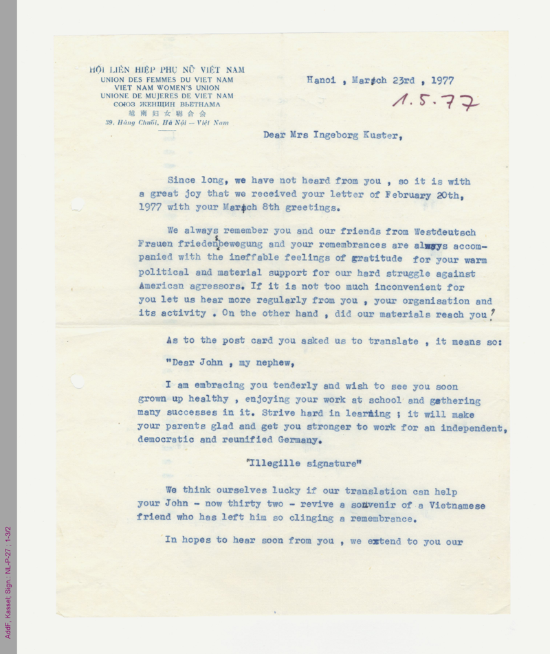 Brief der Union des Femmes du Vietnam an Ingeborg Küster von 1977