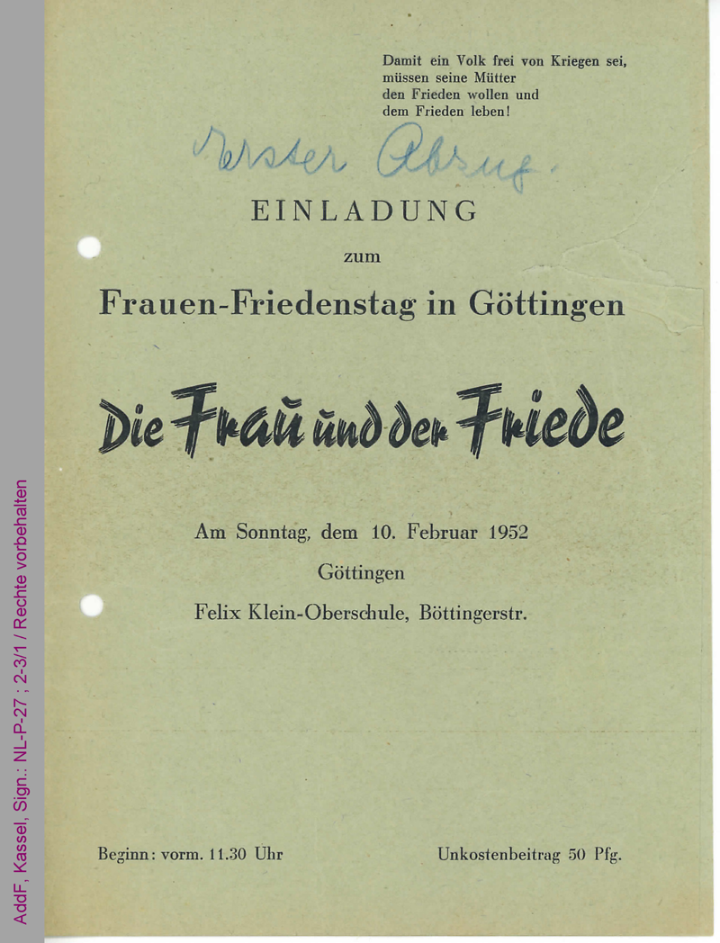 Einladung und Programm zum Frauen-Friedenstag in Göttingen am 10. Februar 1952