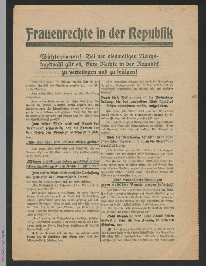 Wahlaufruf der Sozialdemokratischen Partei Deutschlands zur Reichstagswahl 1920: Frauenrechte in der Republik / Seite 1