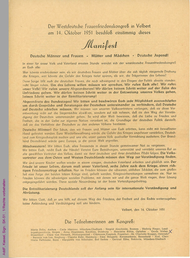 Westdeutscher Frauenfriedenskongreß, Velbert, 1951, Manifest / Seite 1