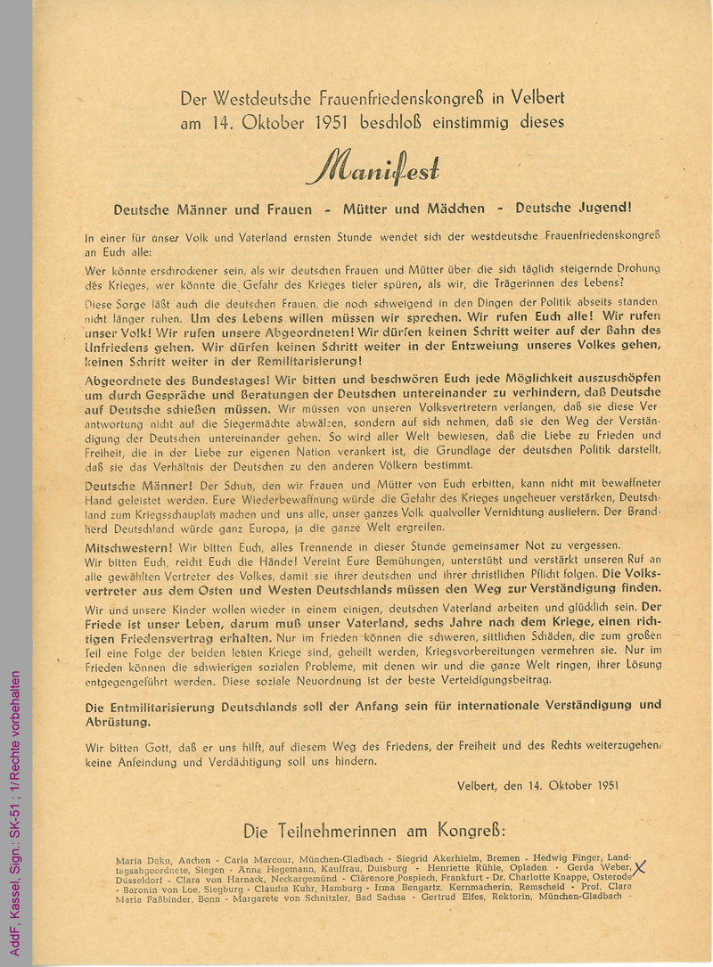 Westdeutscher Frauenfriedenskongreß, Velbert, 1951, Manifest