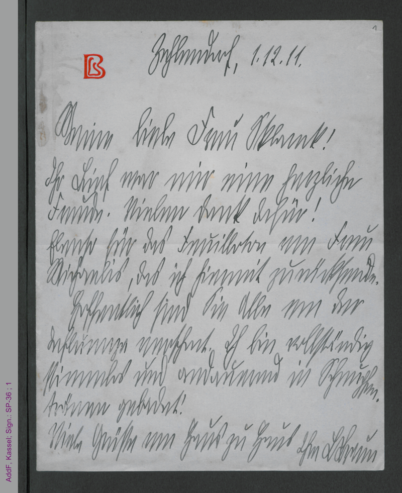 Brief von Lily Braun an Francis Sklarek, hs.