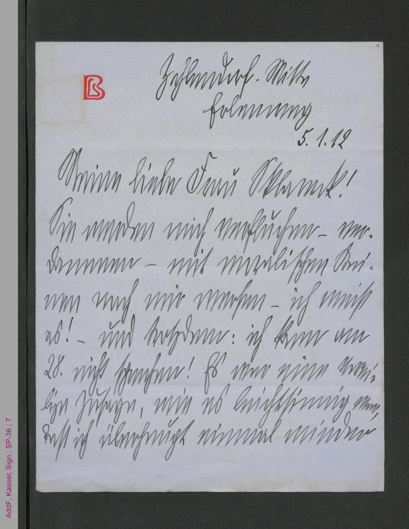 Brief von Lily Braun an Francis Sklarek, hs.