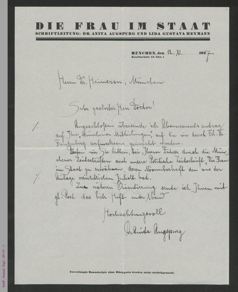 Brief von Anita Augspurg an Ernst Heimeran, hs.