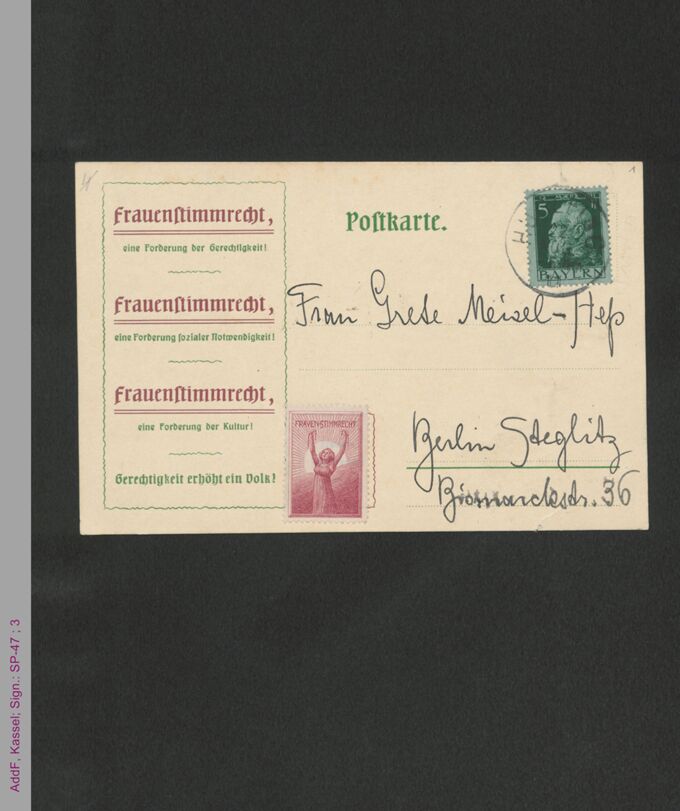 Postkarte von Anita Augspurg an Grete Meisel-Hess, hs. / Seite 1