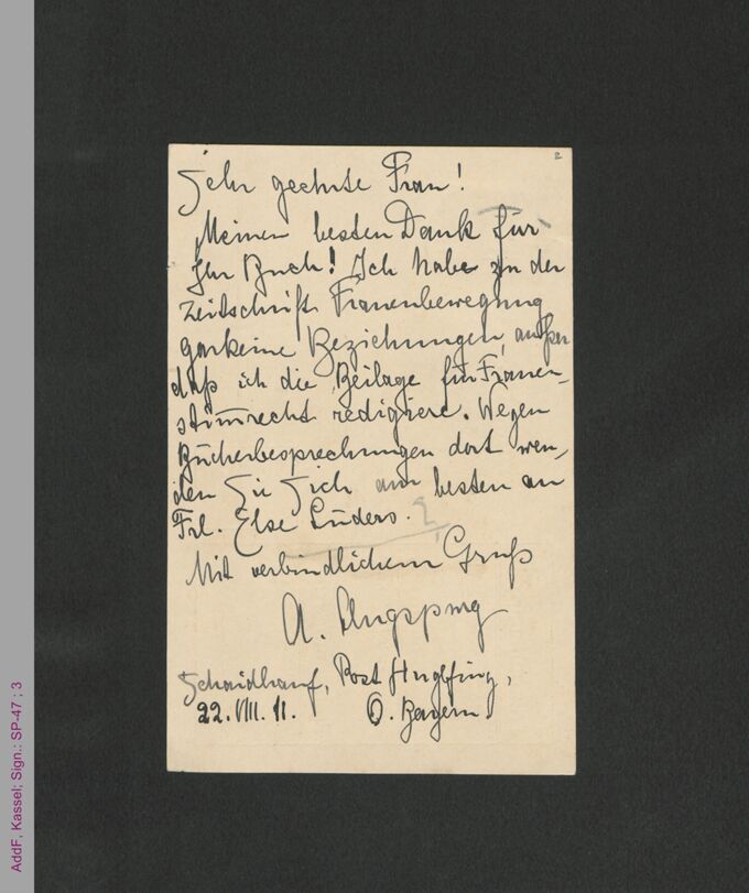 Postkarte von Anita Augspurg an Grete Meisel-Hess, hs. / Seite 2