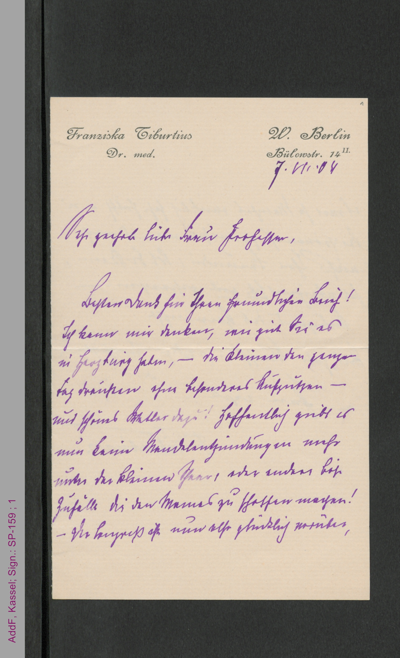Brief von Franziska Tiburtius an eine unbekannte Frau Professor, hs.