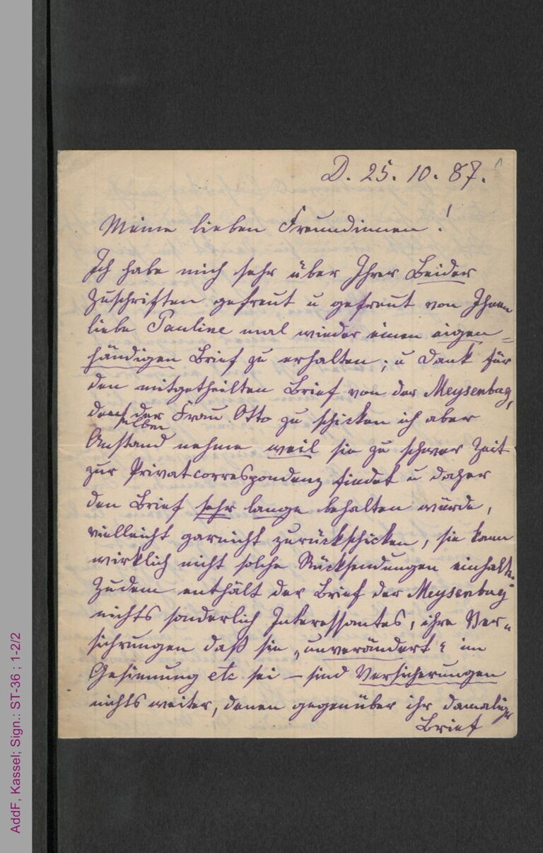 Brief von Marianne Menzzer an Pauline und Mathilde Hassenstein, hs. / Seite 1
