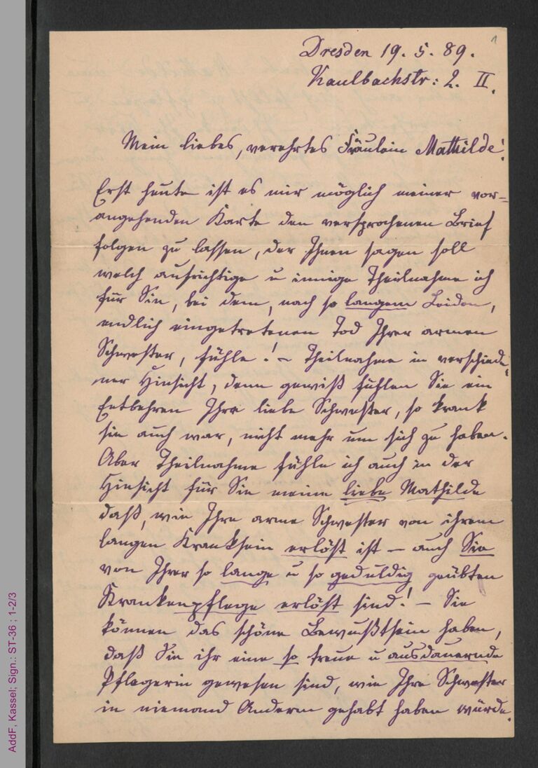 Brief von Marianne Menzzer an Mathilde Hassenstein, hs. / Seite 1