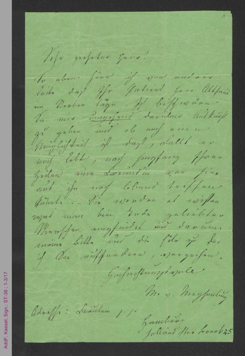 Brief von Malwida von Meysenbug an Herrn Dr. Hassenstein, Gotha, hs.