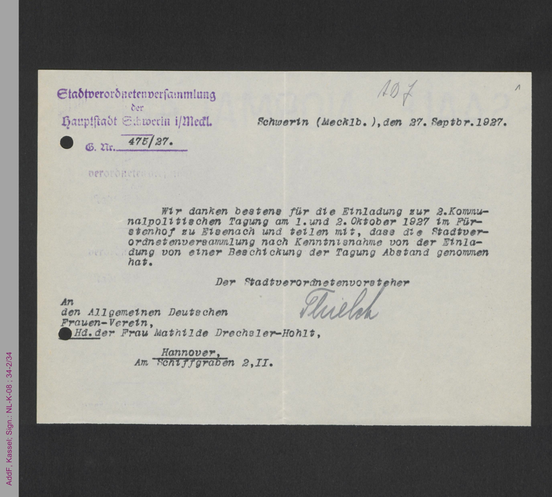 Brief der Stadtverordnetenversammlung Schwerin an den ADF