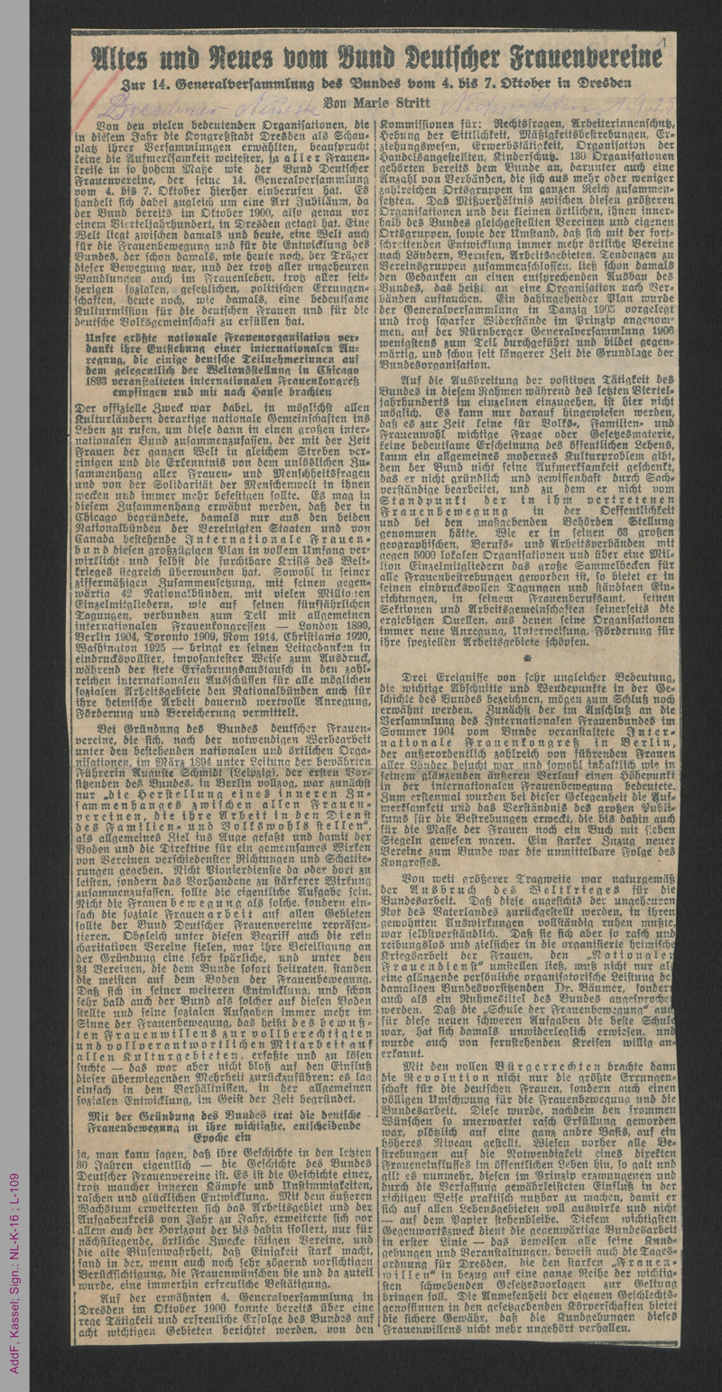 Sammlung: Frauenfrage 1926-1933. Vereine und Tagungen.