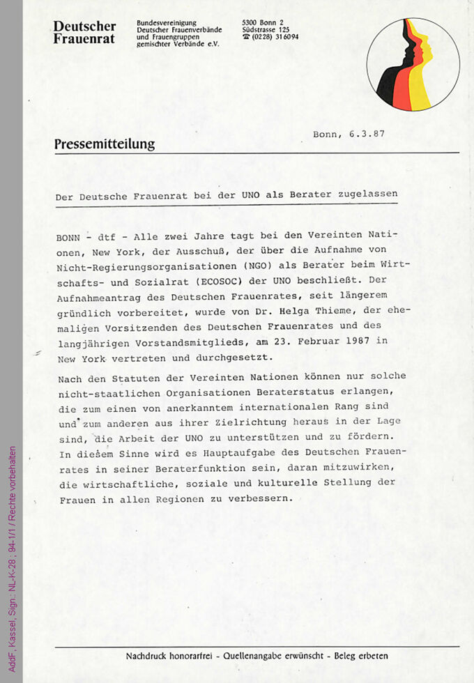Pressemitteilung des Deutschen Frauenrats über den Erhalt des Beraterstatus bei den Vereinten Nationen (UN) / Seite 1