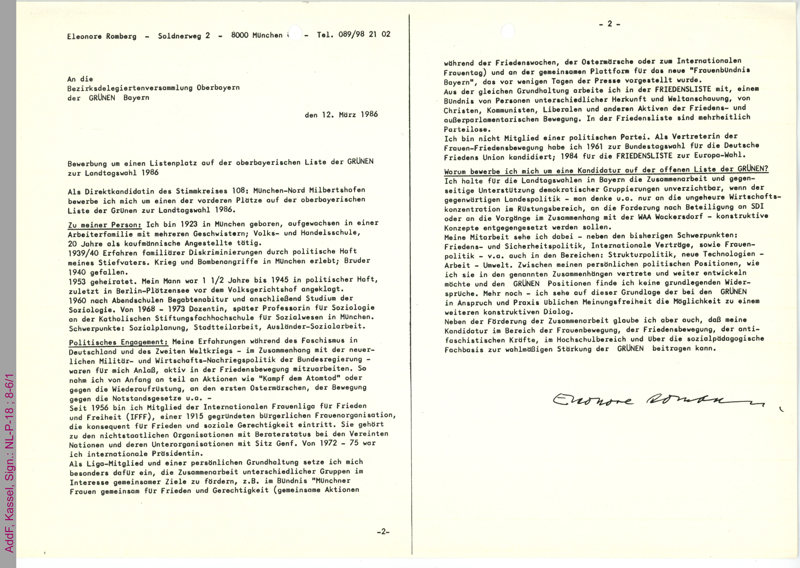 Bewerbung um einen Listenplatz auf der oberbayerischen Liste der GRÜNEN zur Landtagswahl 1986