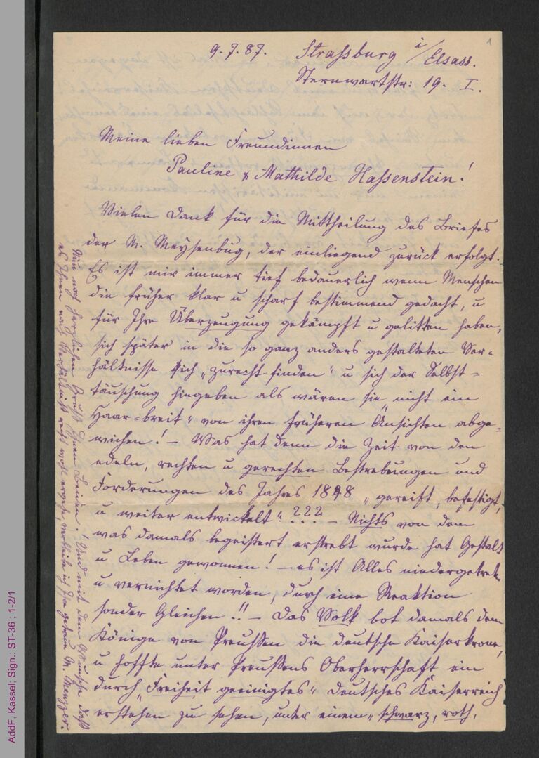 Brief von Marianne Menzzer an Pauline und Mathilde Hassenstein, hs. / Seite 1