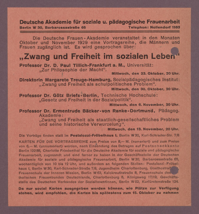 Votragsreihe unter der Überschrift ,,Zwang und Freiheit im sozialen Leben" im Herbst 1929