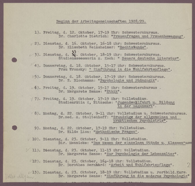 Aktenauszug (Blatt 2 recto): Themen und Lehrende der Arbeitsgemeinschaften 1928/29