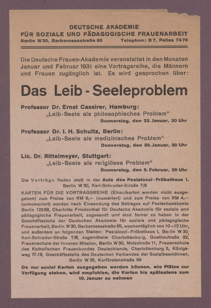 Aktenauszug (Blatt 88 verso): Ankündigung Vortrag "Das Leib-Seelenproblem" mit Ernst Cassirer 1931