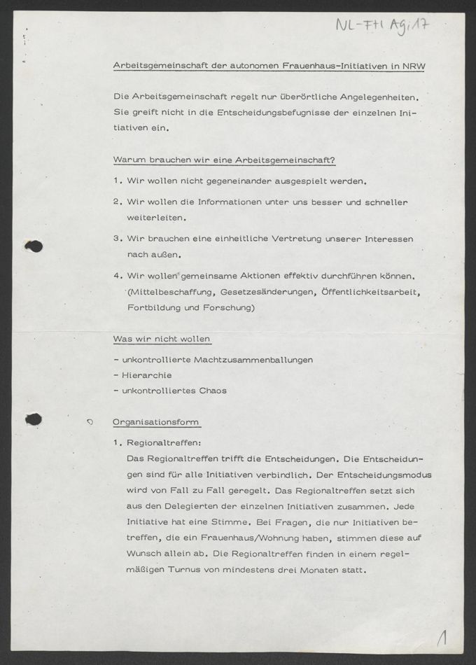 "Arbeitsgemeinschaft der autonomen Frauenhaus-Initiativen in NRW" / Seite 1