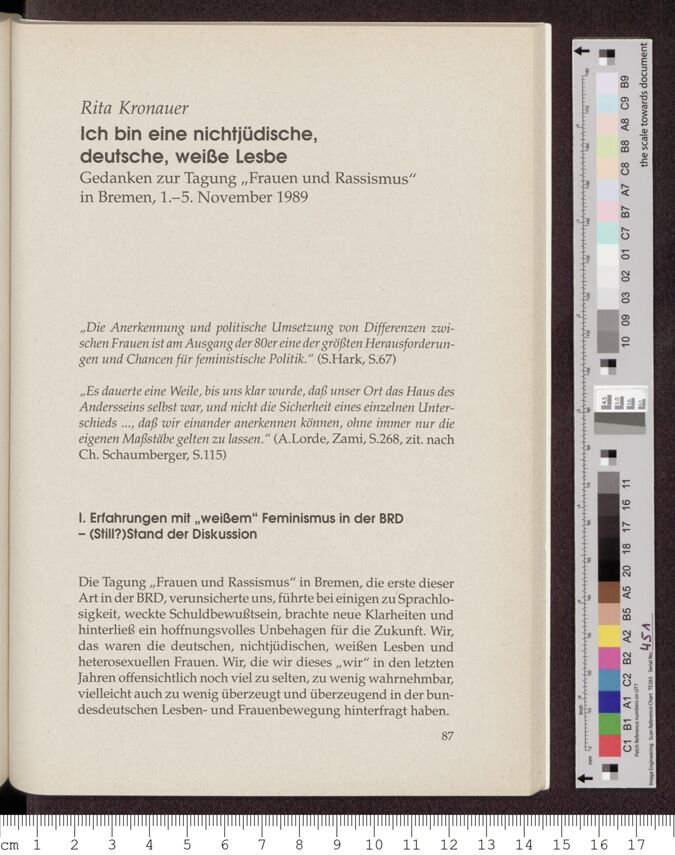 Ich bin eine nichtjüdische, deutsche, weiße Lesbe : Gedanken zur Tagung "Frauen und Rassismus" in Bremen, 1. - 5. November 1989 / Seite 1