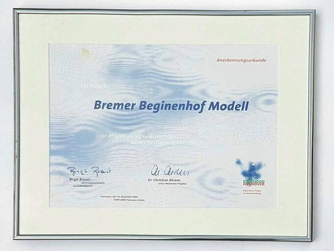 Anerkennungsurkunde EXPO 2000 : Bremer Beginenhof Modell