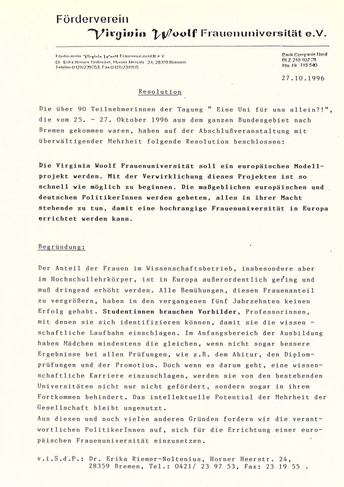 Vermischtes zur Tagung "Eine Uni für uns allein?! vom 25. - 27.10.1996 in Bremen" III