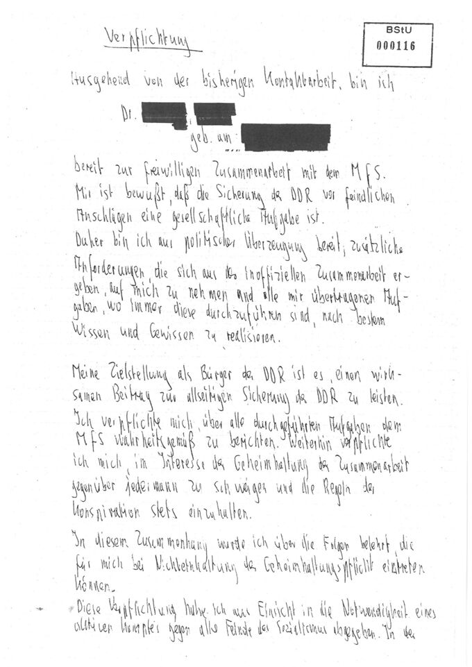 Verpflichtungserklärung der IM "Sonja Walther"