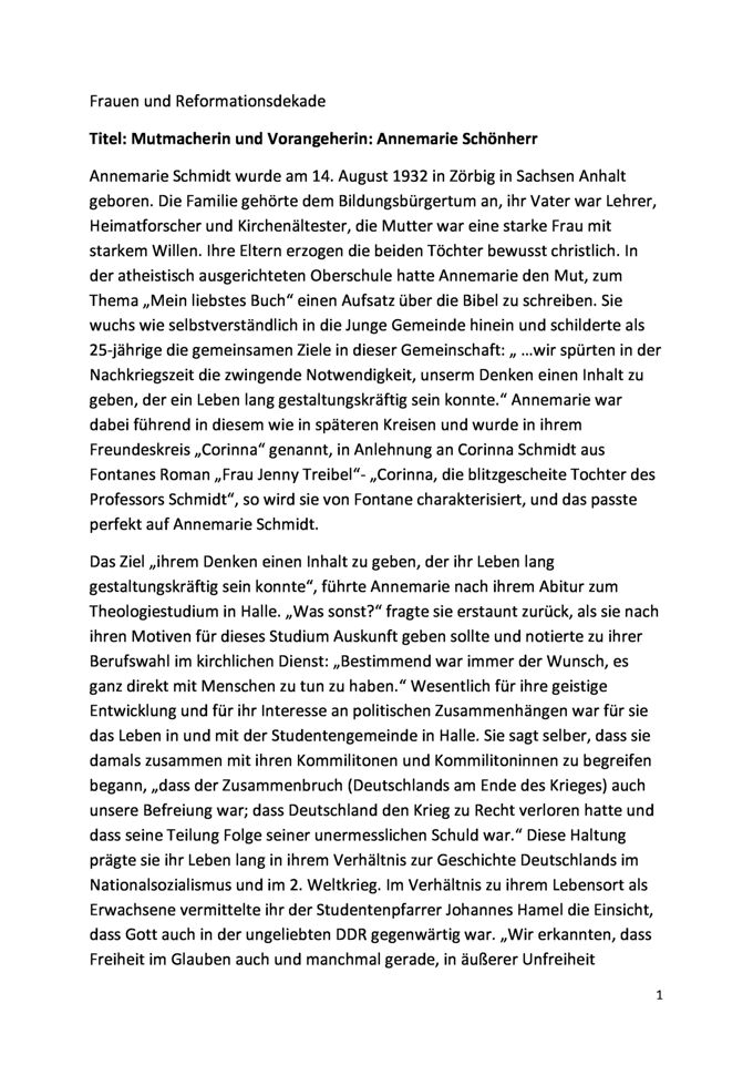 Mutmacherin und Vorangeherin: Annemarie Schönherr / Seite 1