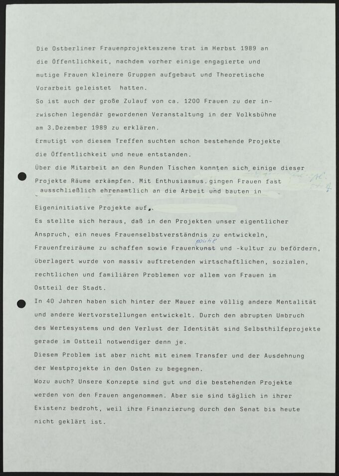 Statement und Forderungen der Ostberliner Frauenprojekte, verlesen am 17. April 1991 im Rathaus Schöneberg