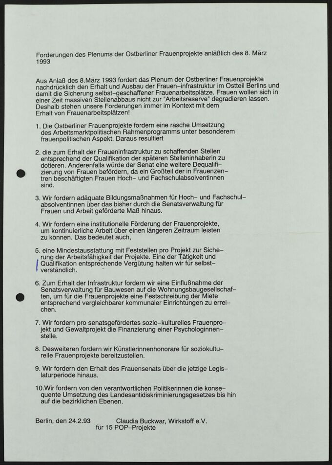 Flugblatt "Forderungen des Plenums Ostberliner Frauenprojekte anläßlich des 8. März 1993"