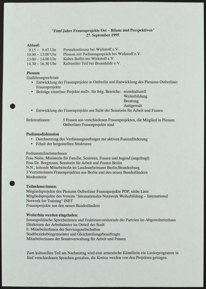 Ablaufplan der Podiumsdiskussion "Fünf Jahre Frauenprojekte Ost - Bilanz und Perspektiven", 27. September 1995