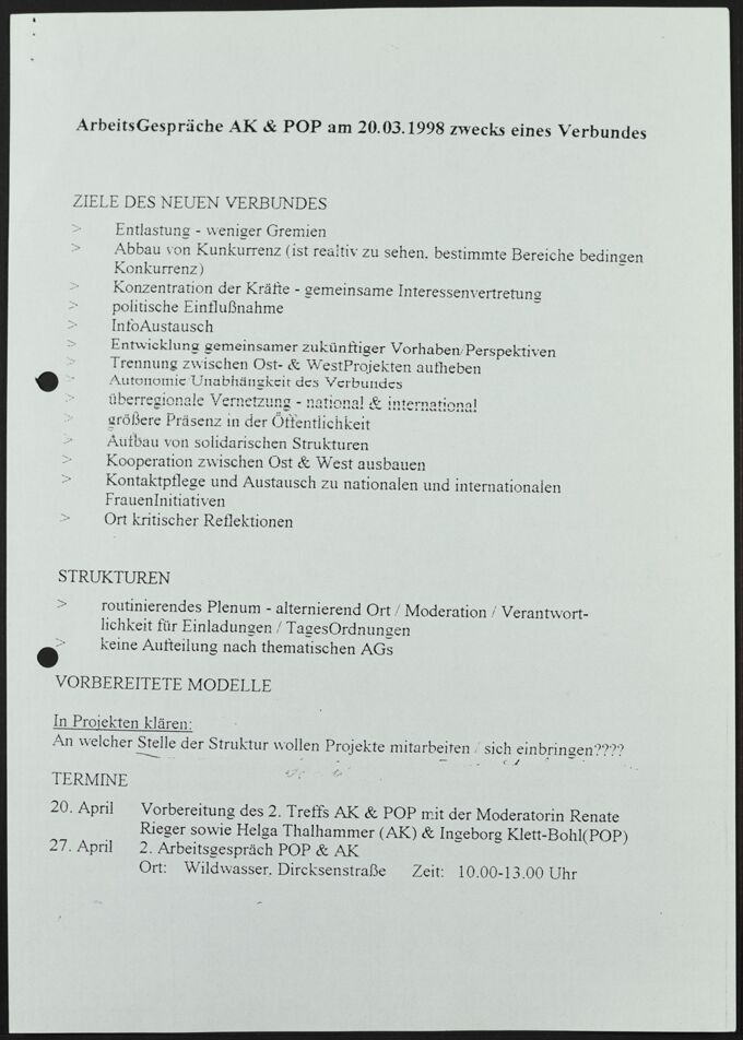 Protokoll von POP und AK zwecks eines Verbundes beider Gruppen, 20. März 1998