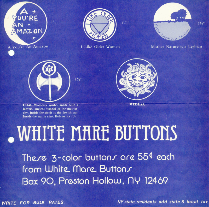 Werbung für Frauen-Buttons von White Mare Buttons, New York
