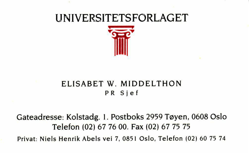 Visitenkarte der PR-Chefin des Universitäts-Verlages in Oslo