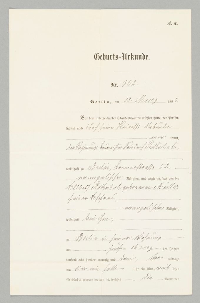 Geburtsurkunde von Elisabeth Rothschuh von 1893