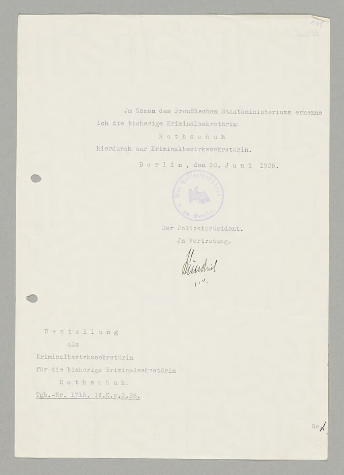 Ernennung von Elisabeth Rothschuh zur Kriminalbezirkssekretärin von 1926