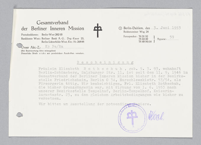 Bescheinigung des Gesamtverbandes der Berliner Inneren Mission von 1953