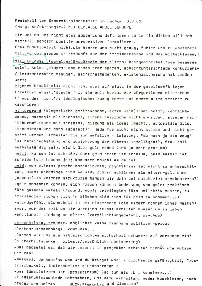 Protokoll der Mittelklasse-Arbeitsgruppe im Rahmen des Lesbischen Separatistinnentreffens in  Bochum 03.09.1989 / Seite 1