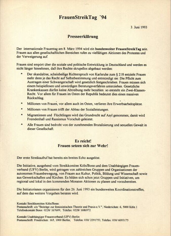 FrauenStreikTag '94 : Presseerklärung