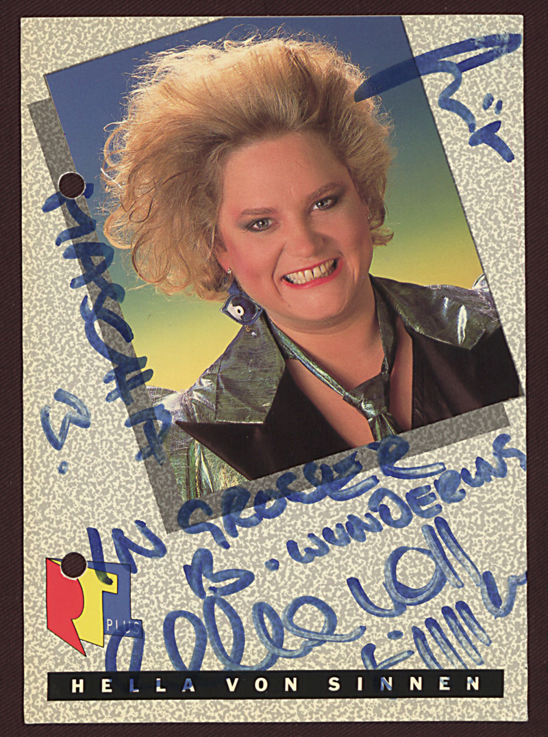 Autogrammkarte von Hella von Sinnen, gewidmet an Elke Mascha Blankenburg