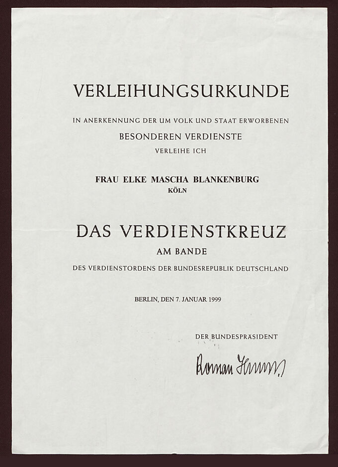 Verleihungsurkunde des Bundesverdienstkreuz