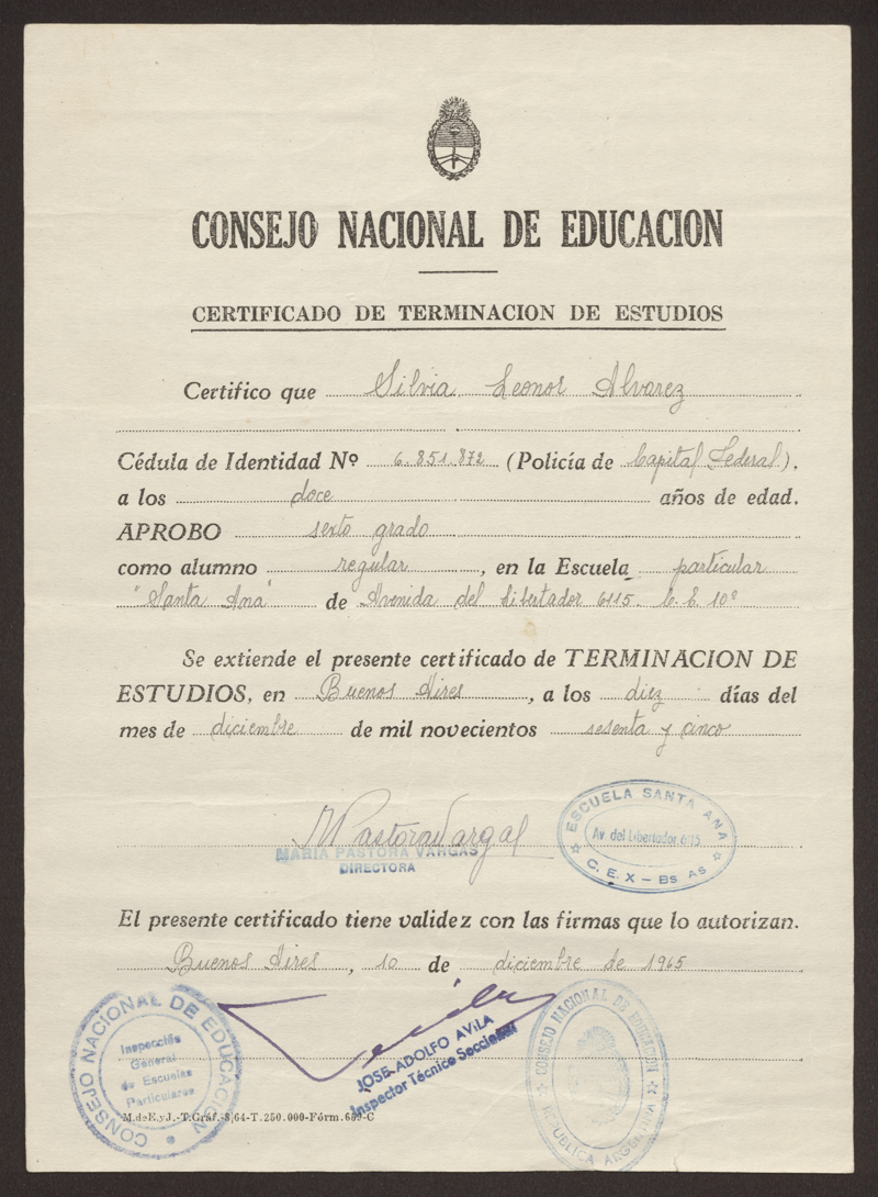 Wichtige Zeugnisse / Wichtige Dokumente : Abschlusszertifikat des nationalen Bildungsrates von Silvia Alvarez de la Fuente